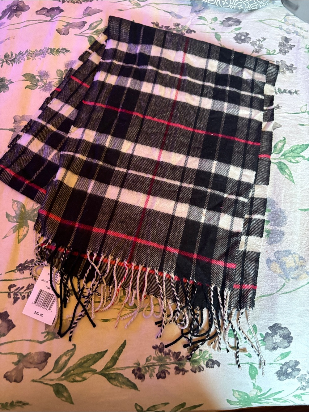 D&Y Black White Plaid Fringe Scarf with Red Accents